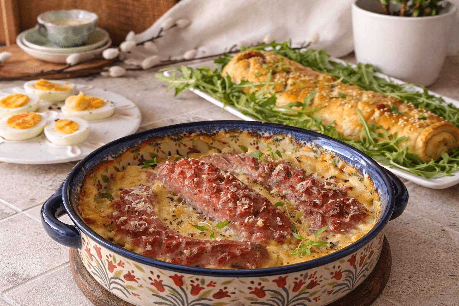 Biała kiełbasa pieczona w sosie chrzanowym